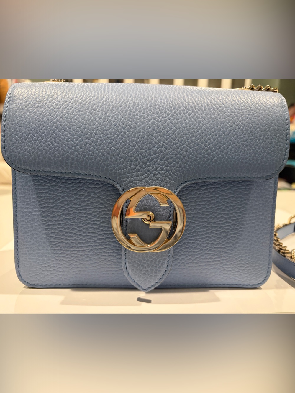 Gucci Powder Blue Pebbled Leather Crossbody with Gold Double G